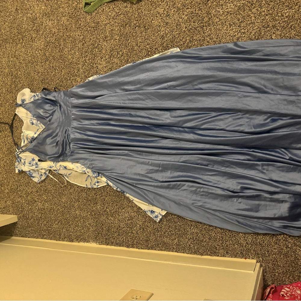 Blue Corset back long dress v neck spaghetti straps